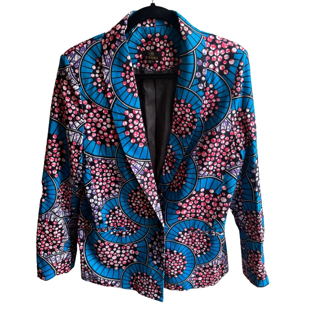 D'IYANU Hami Men's Bold Print 100% Cotton Blazer Size L Blue Pink - MADE IN USA